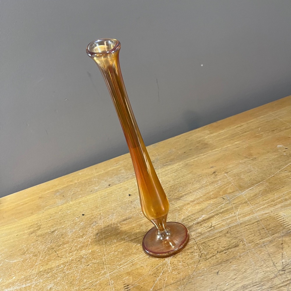 Vtg Marigold Carnival Glass Swing Bud Vase Iridescent Amber MCM 11"
